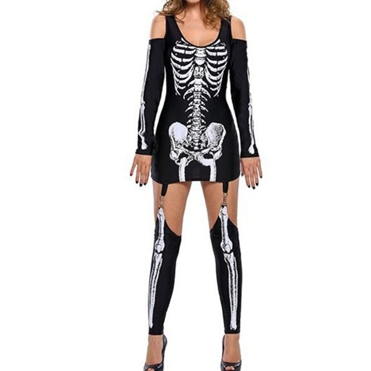 Skull Skeleton Printed Sexy Off-the-shoulder Halloween Costume