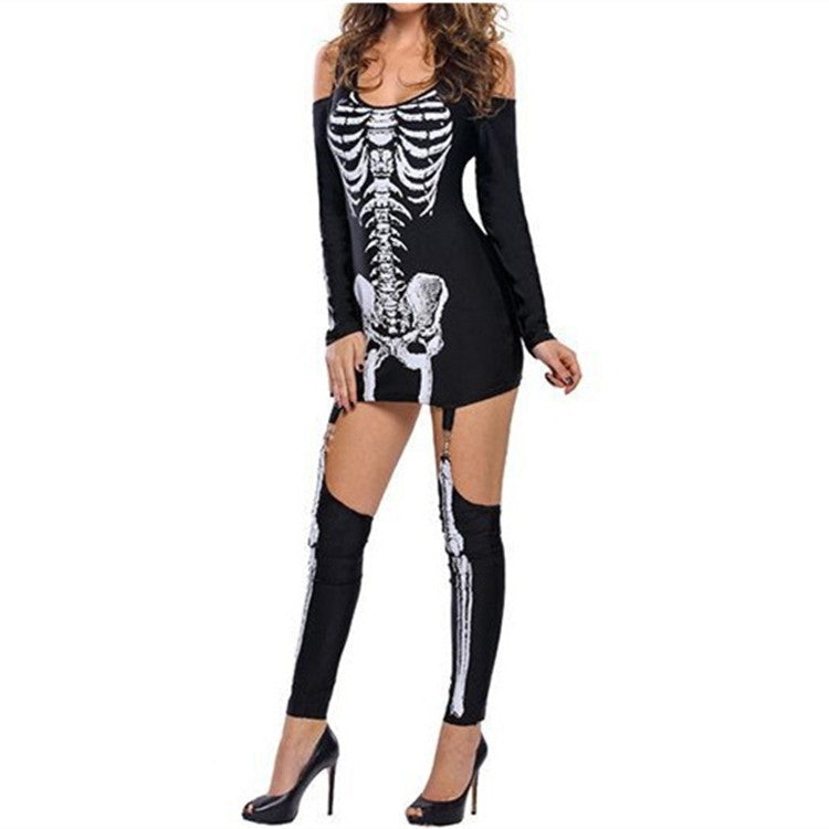 Skull Skeleton Printed Sexy Off-the-shoulder Halloween Costume