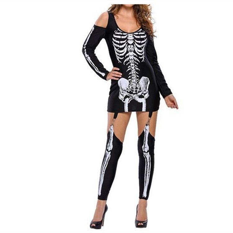 Skull Skeleton Printed Sexy Off-the-shoulder Halloween Costume