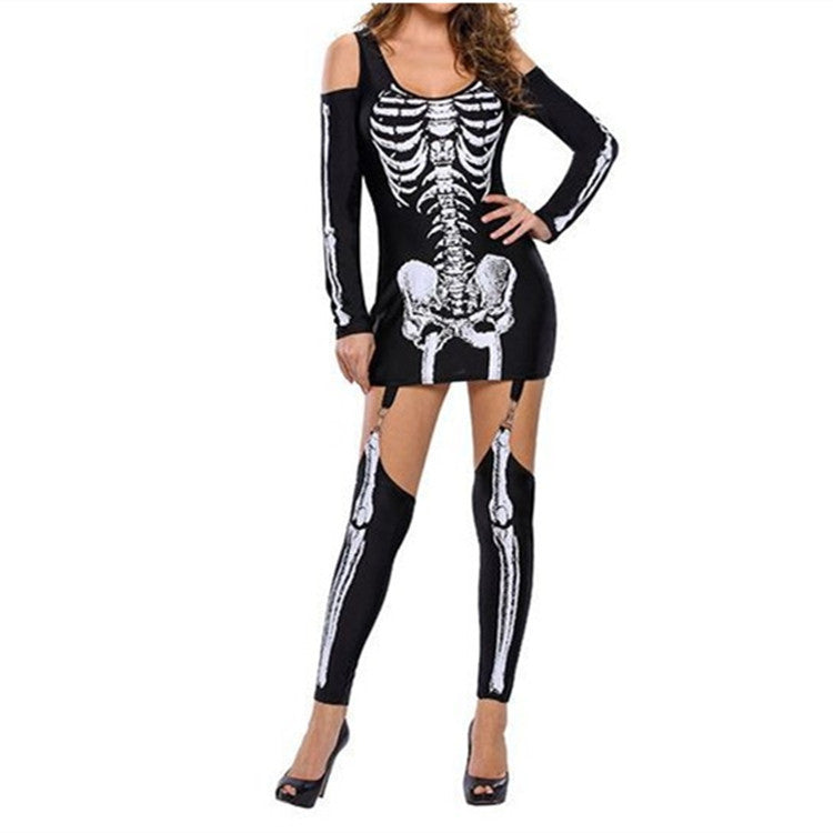 Skull Skeleton Printed Sexy Off-the-shoulder Halloween Costume