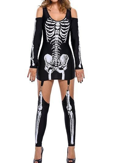 Skull Skeleton Printed Sexy Off-the-shoulder Halloween Costume