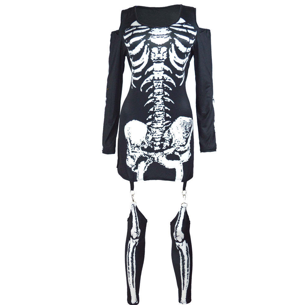 Skull Skeleton Printed Sexy Off-the-shoulder Halloween Costume